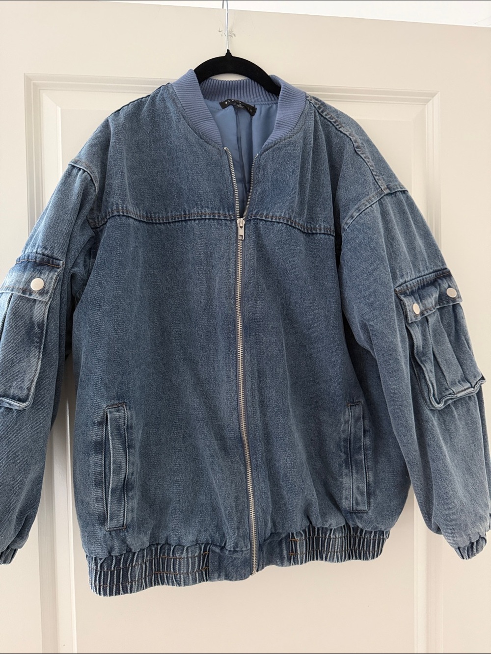 Blue Blush Washed Denim Bomber Jacket - Blue